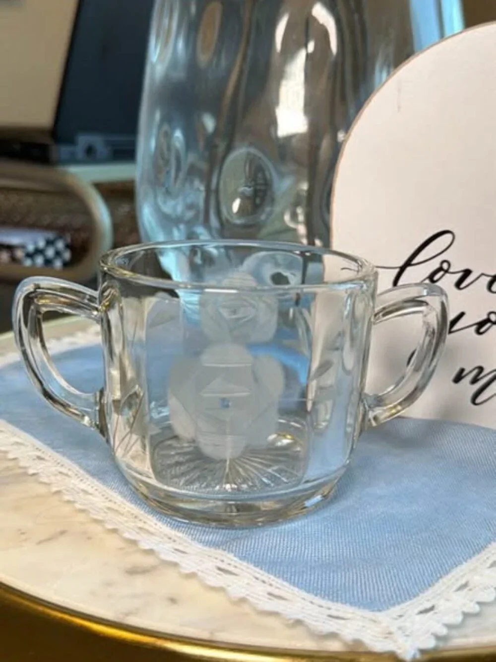 Vintage Etched Clear Glass Double Handled Sugar Bowl
